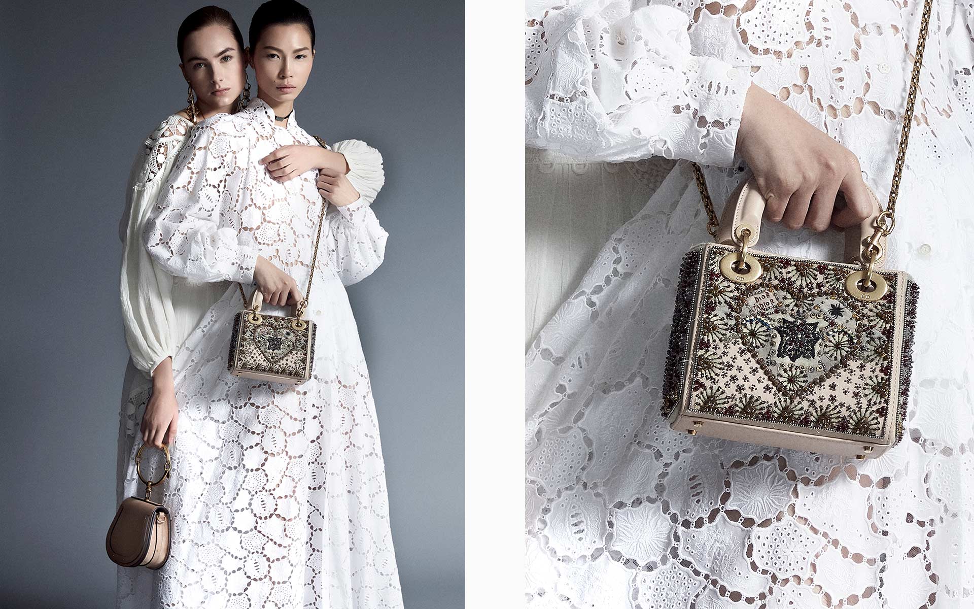 Two models pose in billowing white dresses from Chloé and Dior