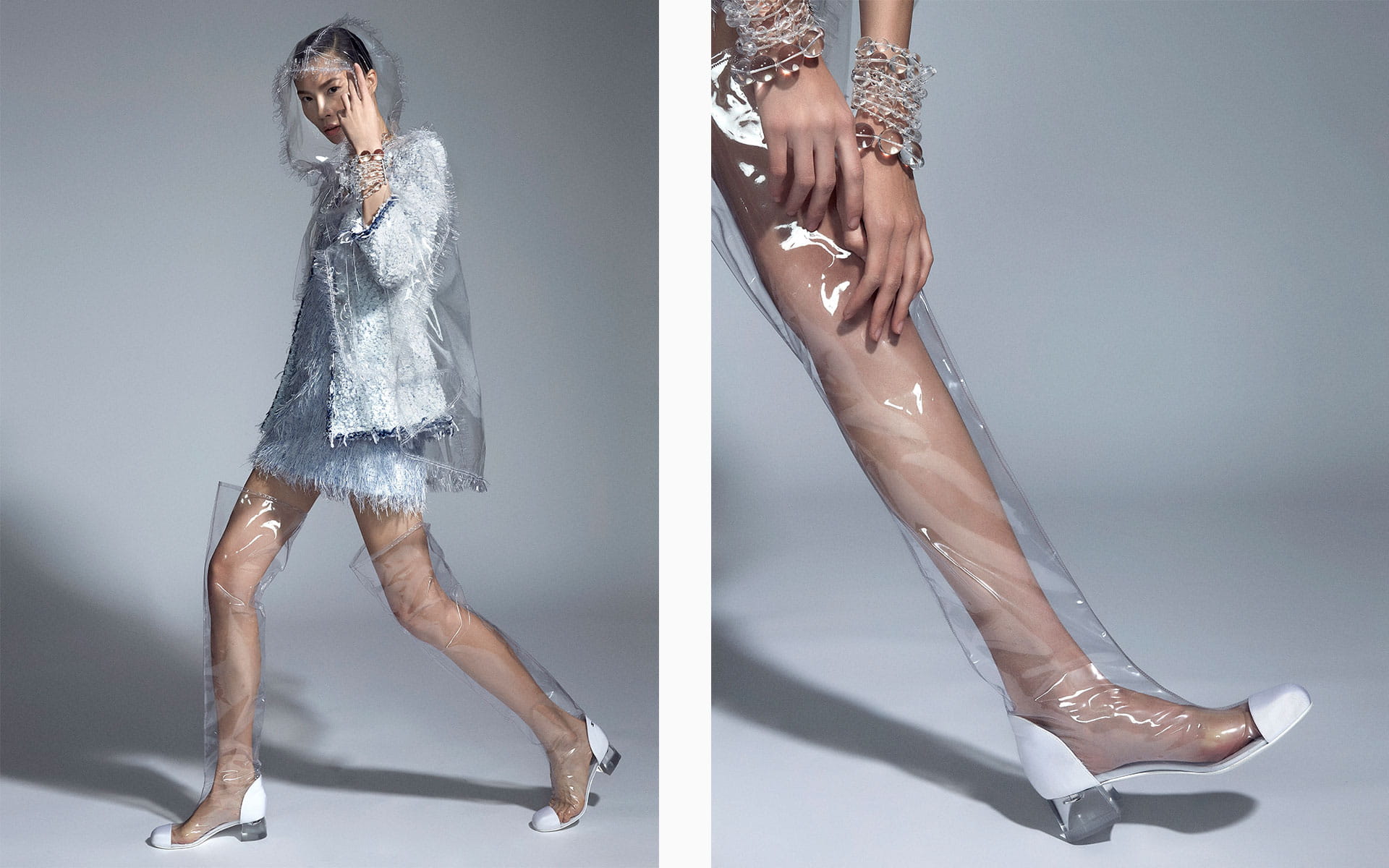 A model showcases the season’s transparent trend in head-to-toe Chanel  