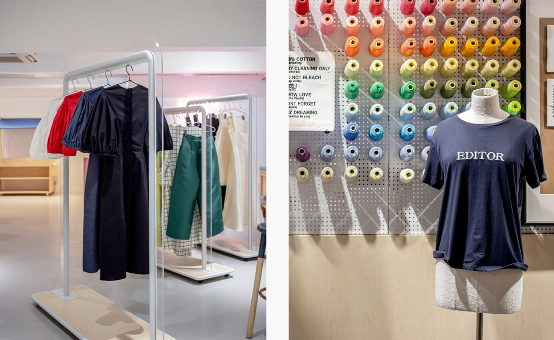 Left: Designs from the duo’s fashion label EDIT. Right: An embroidery customisation station
