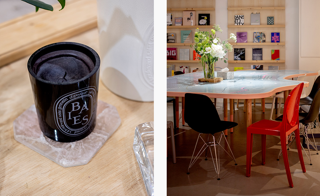 Diptyque candle from Harvey Nichols and the studio’s custom-made table