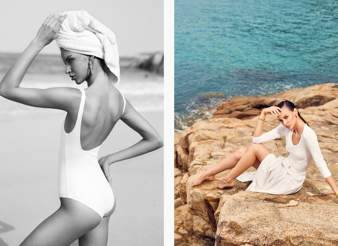 A model poses in effortless all-white looks on the beach