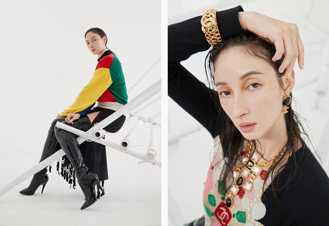 A model poses in Hermès, Salvatore Ferragamo, Saint Laurent and Chanel