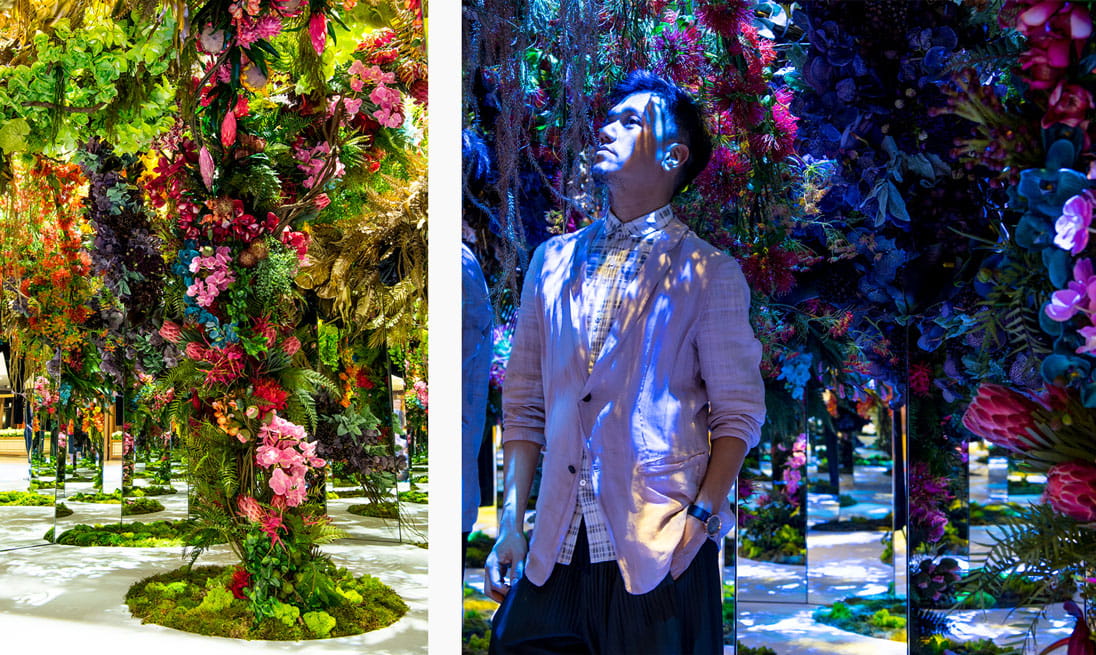 An infinity garden crafted by floral artist Kirk Cheng is nestled in the heart of the installation
