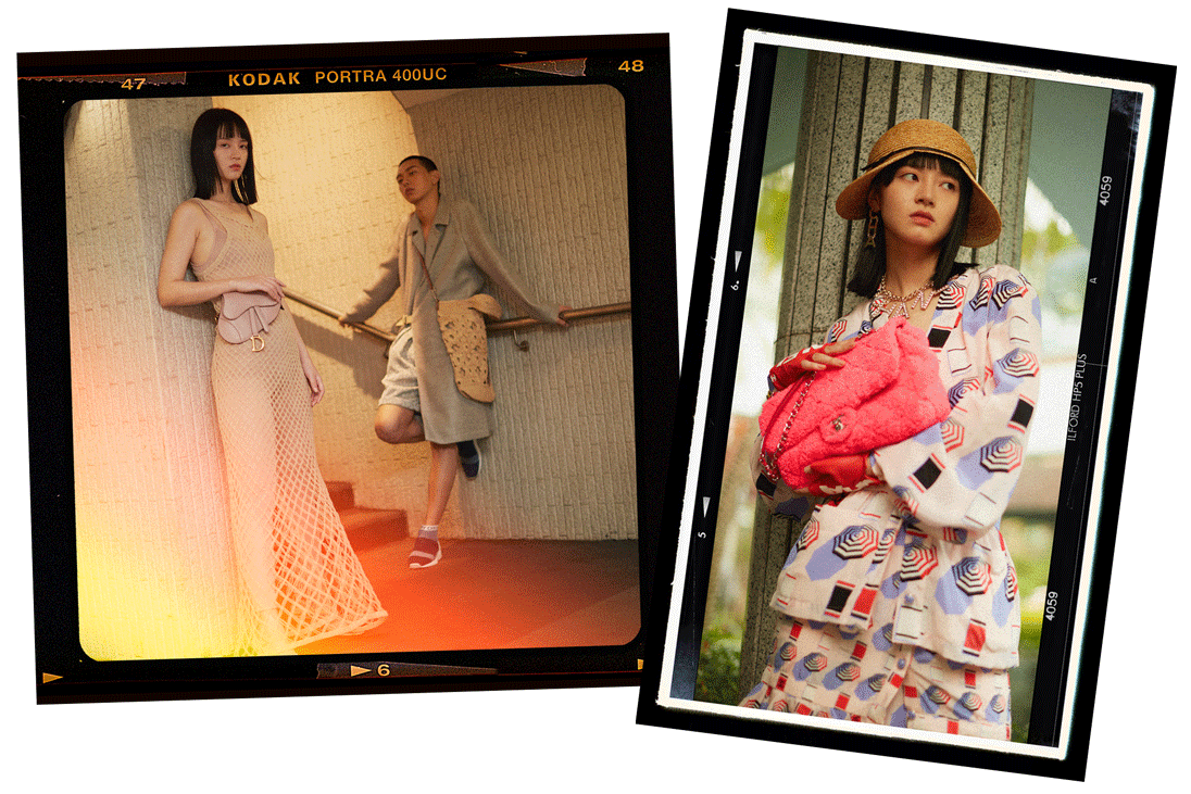 Left: A couple holding hands wear the latest looks from Bally. Right: A model poses in Chanel
