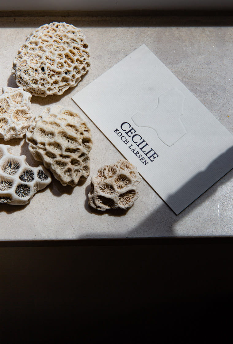 A business card and found objects in Cecilie Koch Larsen's home