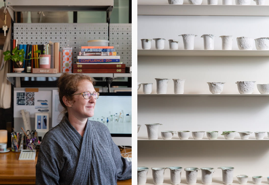 Left: Julie Progin at her desk. Right: Porcelain creations presented under the label Latitude 22N