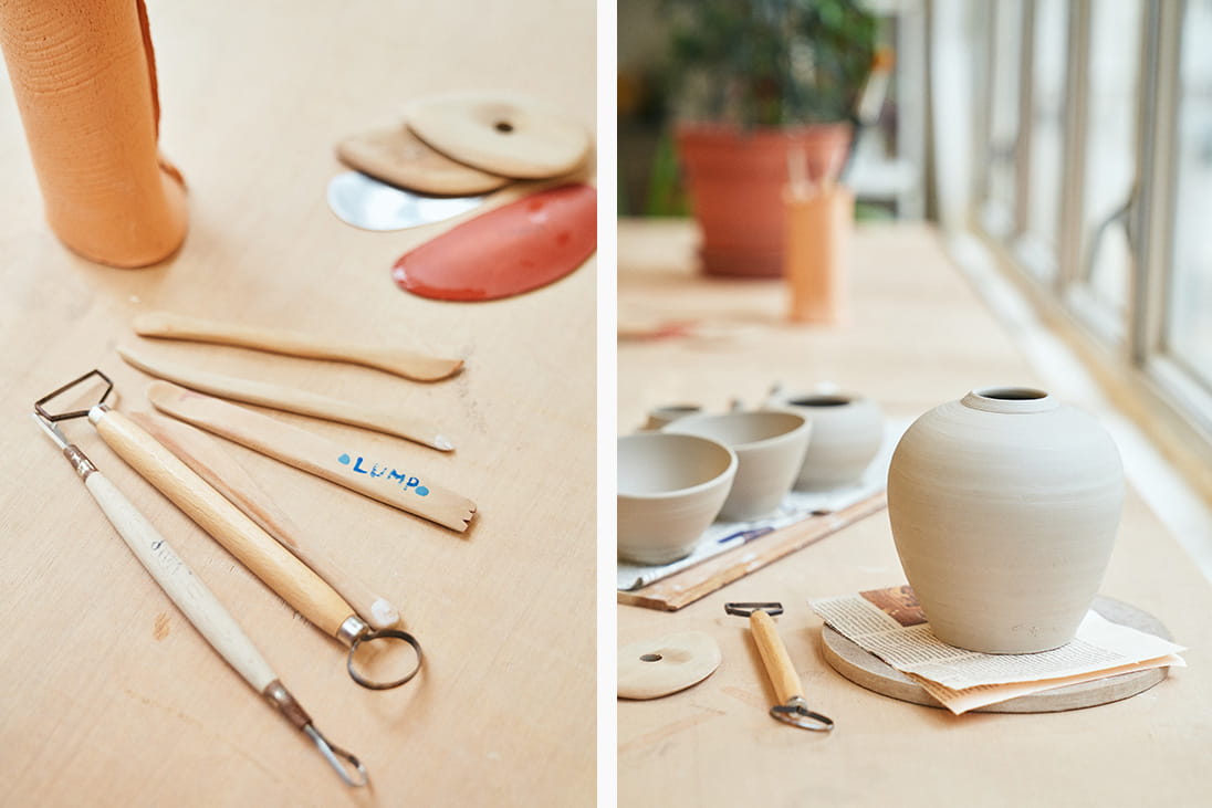 Tools and a ceramic work in progress at LUMP Studio Hong Kong