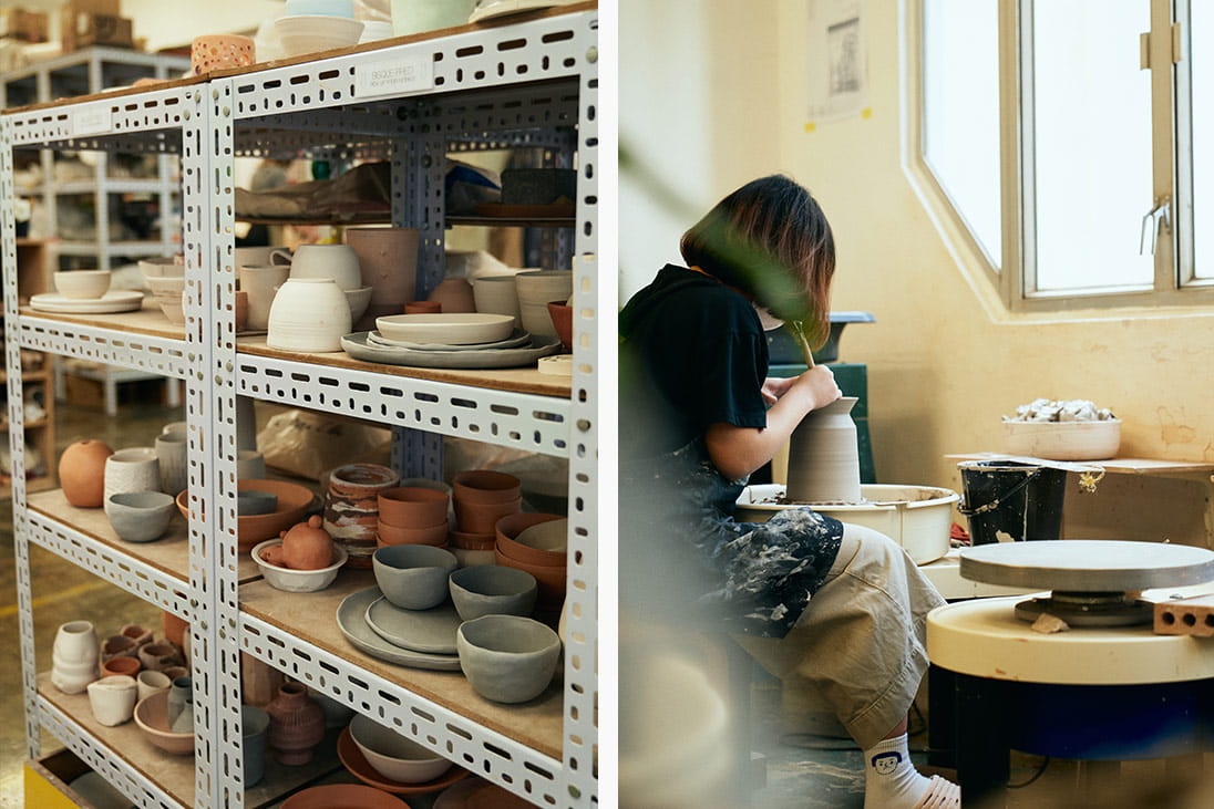 Ceramic works in progress and a maker at work at LUMP Studio Hong Kong