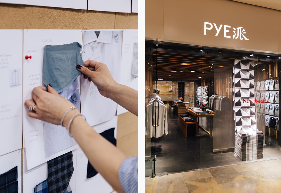Left: Dee considers fabric swatches in the office / Right: PYE’s Pacific Place store