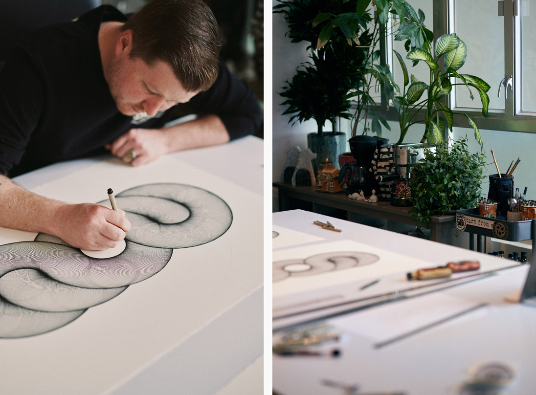 Hong Kong artist Peter Yuill works on a piece