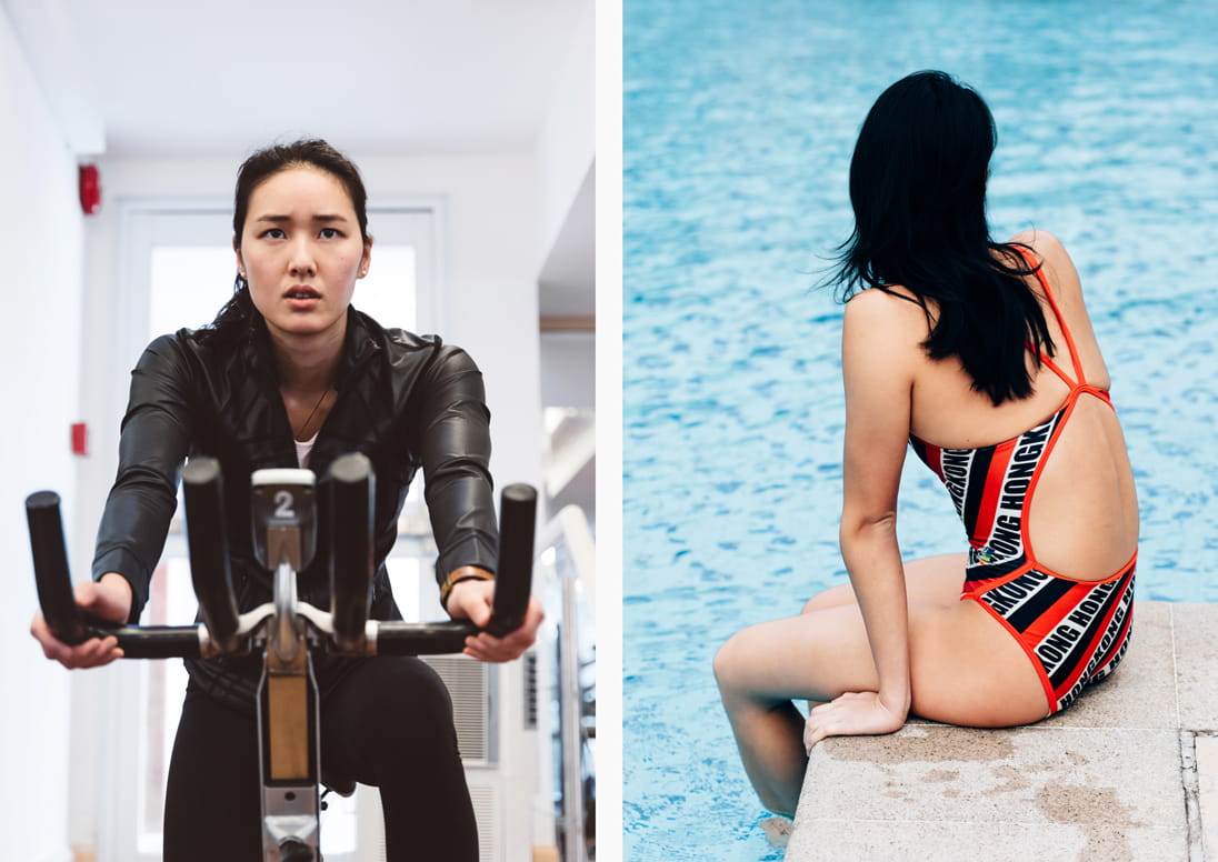 Left: An afternoon gym session at the Hong Kong Country Club. Right: Yvette Kong at the Hong Kong Country Club’s swimming pool