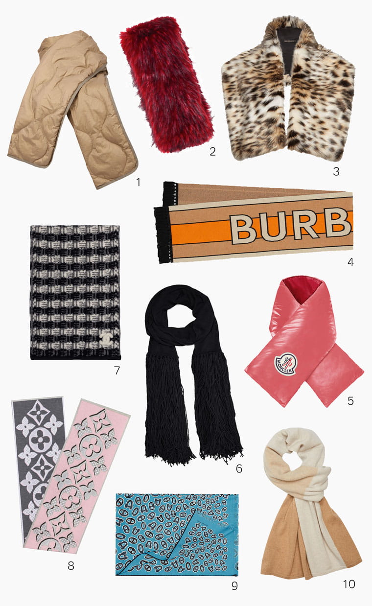 Scarves from Isabel Marant, Gucci, Versace, Burberry, Moncler, Bottega Venetta, Chanel, Louis Vuitton, Hermès and Theory