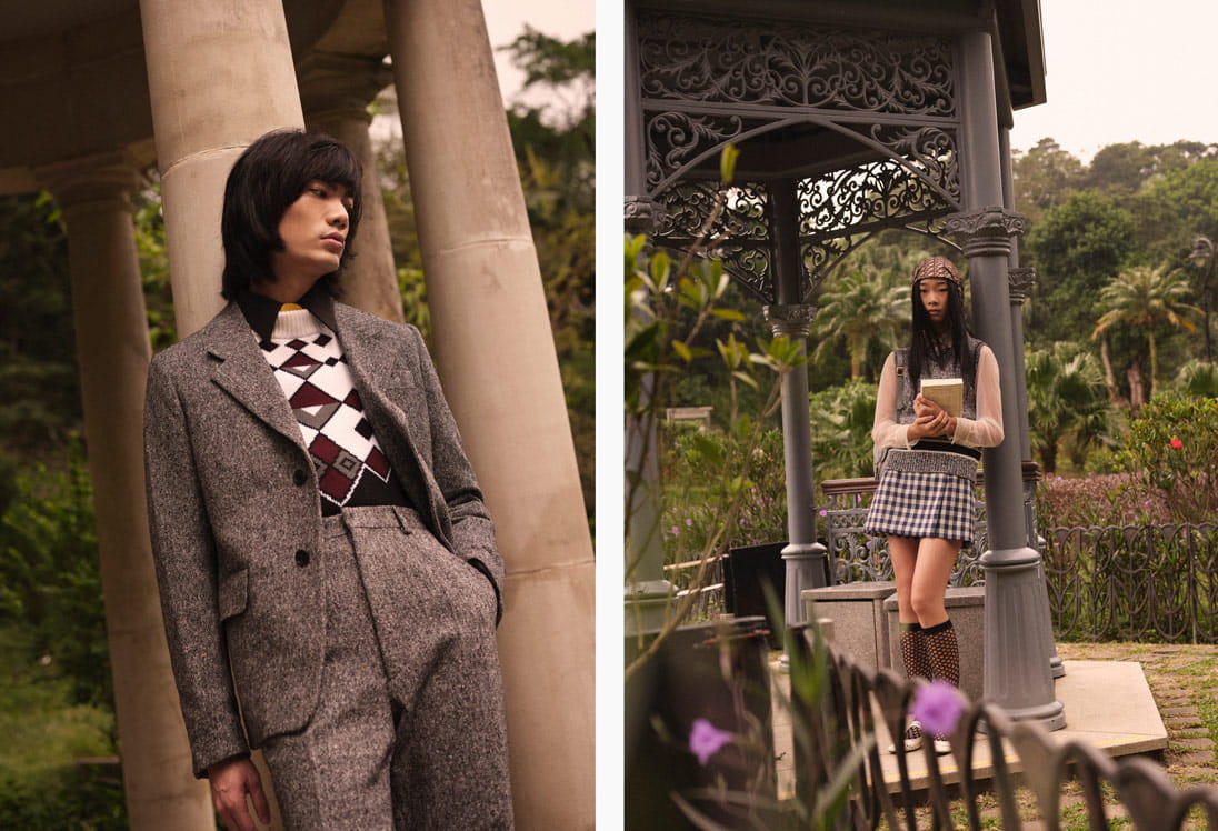 Male and female models pose in Prada and Dior