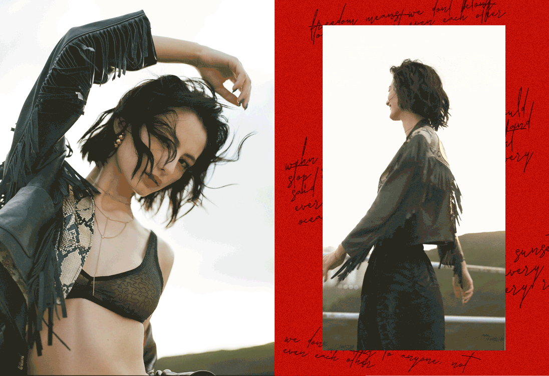 Model poses in a jacket from Gucci and a Bralette from COS