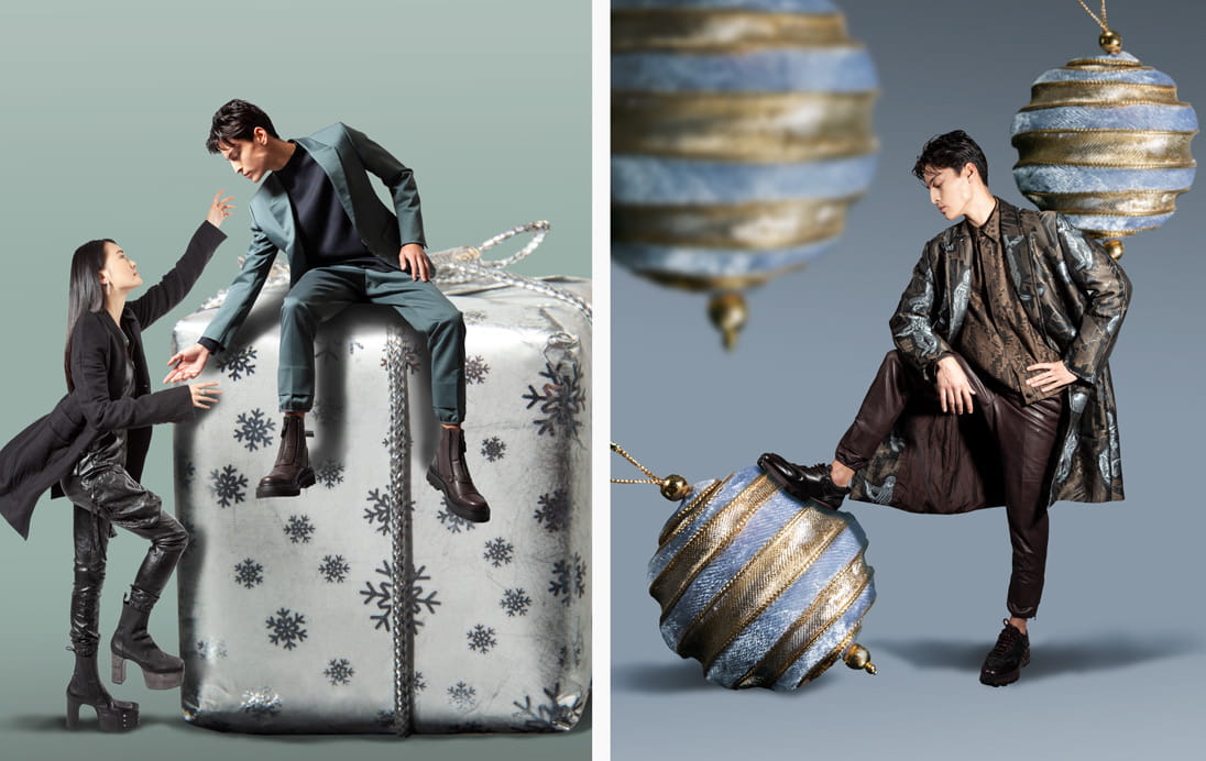 Left: Models reach for an embrace against a life-sized gift. Right: A model stands on a life-sized Christmas ornament 