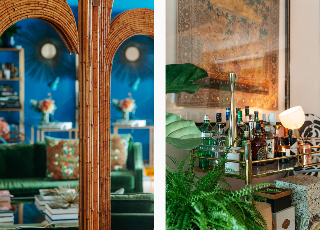 Left: 1970s mirrored bamboo rattan palm tree folding screens by Vivai del Sud. Right: A stocked bar cart with interior accents including a Tom Dixon Stone Tall Candle Holder