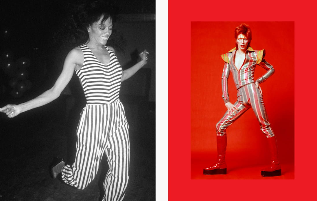 Left: Diana Ross jumps for joy in a nautically inspired jumpsuit. Right: David Bowie as Ziggy Stardust, by Masayoshi Sukita. © Sukita/The David Bowie Archive