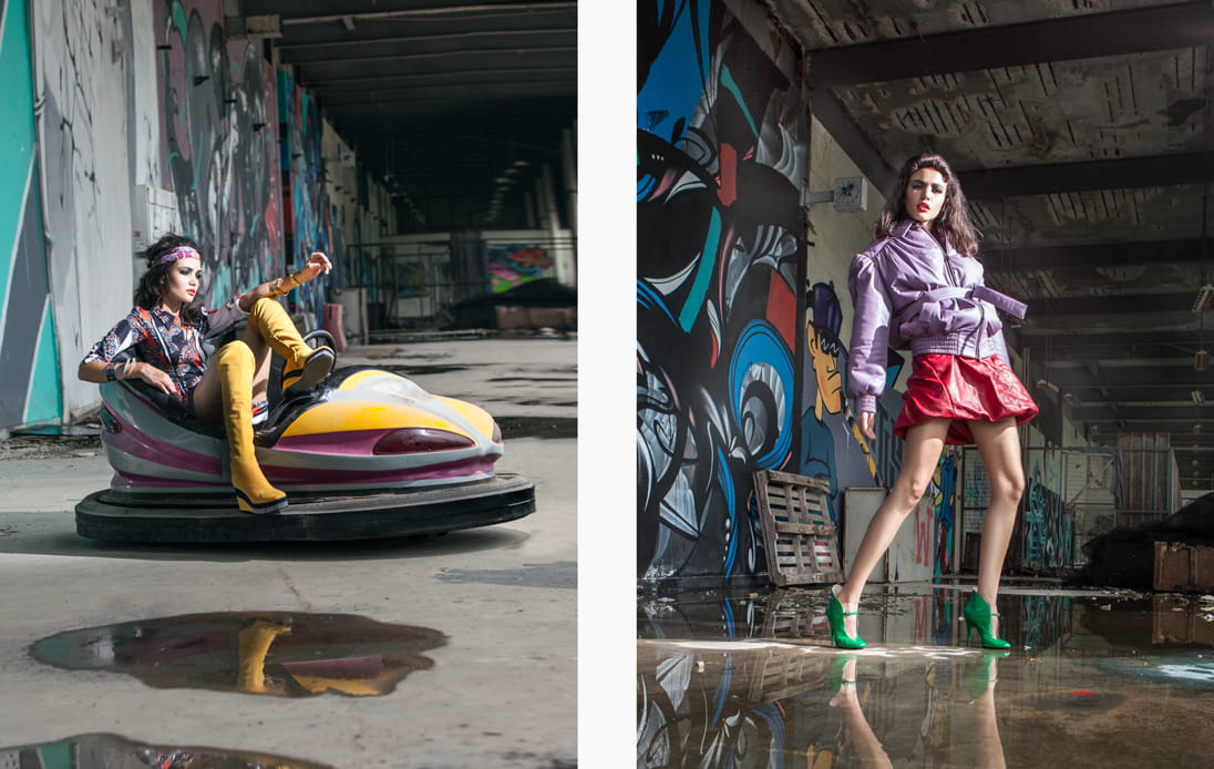 Left: A model strikes an attitudinal pose wearing a look from Hermès / Right: A model wears head-to-toe Miu Miu
