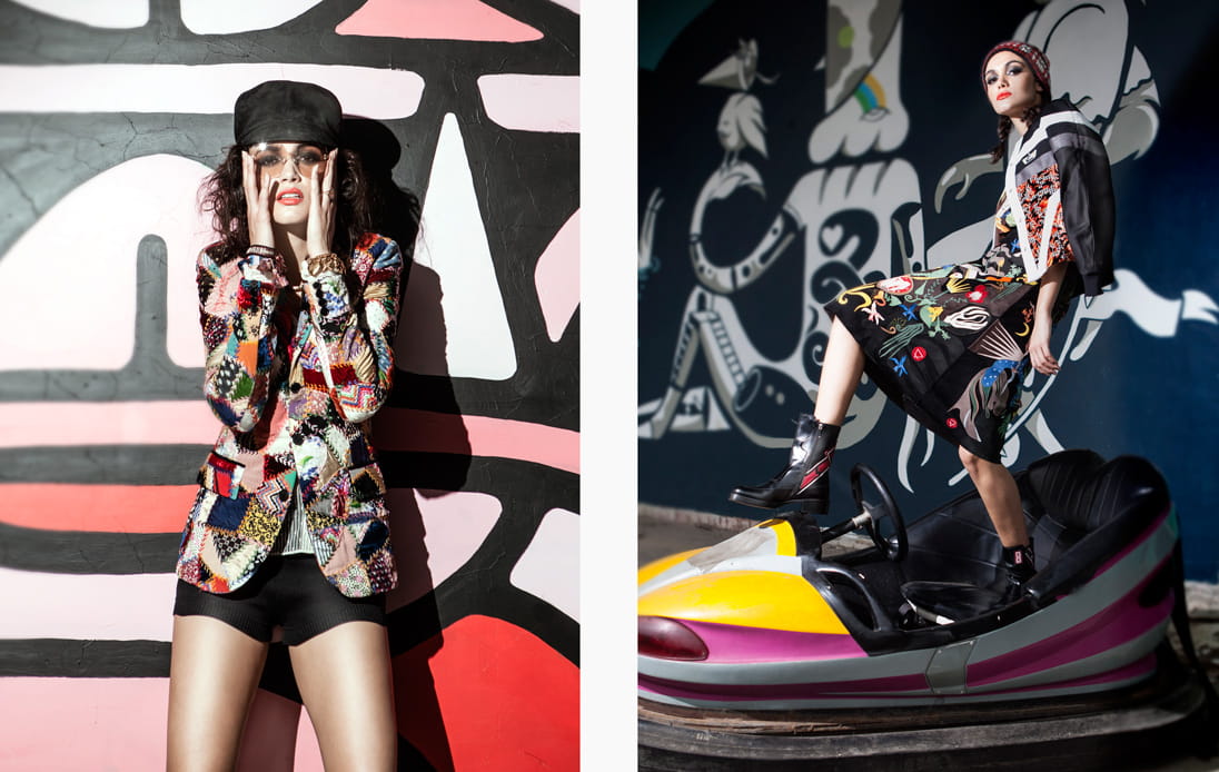 Left: A model wears a statement patchwork jacket by Dior / Right: A model poses in a dodgem car wearing Christian Dior, Louis Vuitton and Hermès
