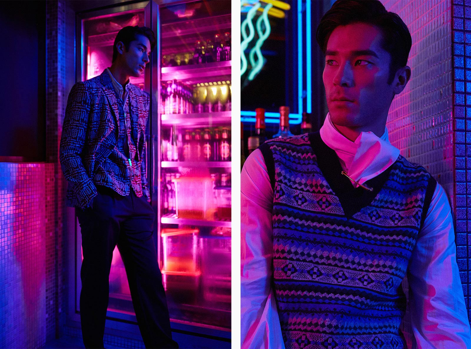 A model wears new season Giorgio Armani and Burberry while poses in a neon-lit bar