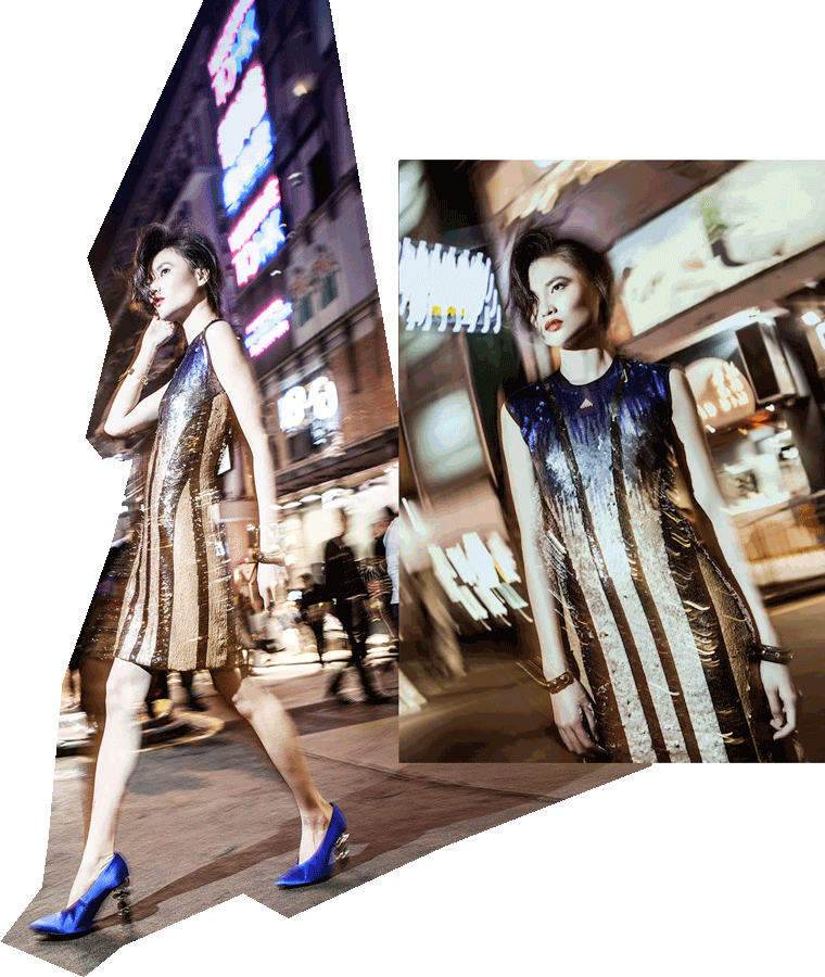 A model poses in a sequined dress from Sportmax on the evening streets of Hong Kong 