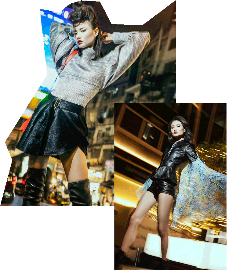 A model poses on Hong Kong’s lit-up streets wearing Miu Miu and Louis Vuitton