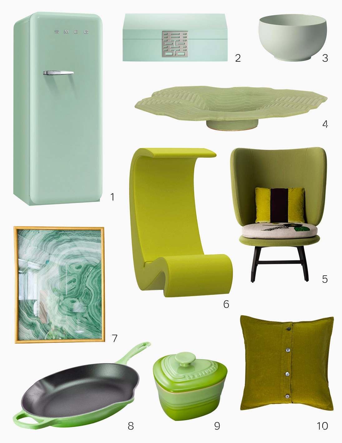 Prosducts in shades of green from Smeg, Shanghai Tang, Zi ceramics, LOCAL DESIGN, Moroso, Vitra, Lala Curio, Le Creuset and Society Limonta