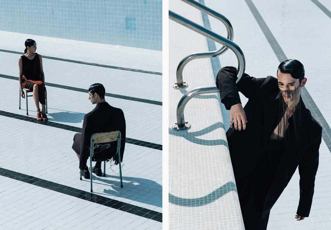 A female and male model both wear the latest looks from Bottega Veneta
