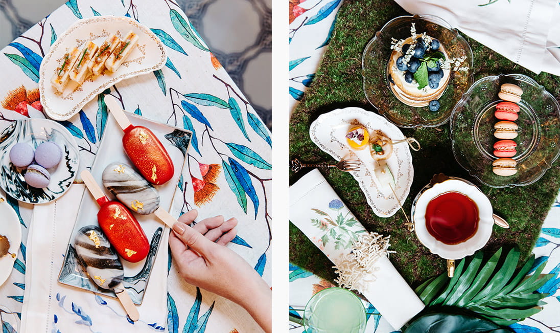 Canapés, sweet treats and cakes and tableware courtesy of Jouer, tablecloth from LALA CURIO