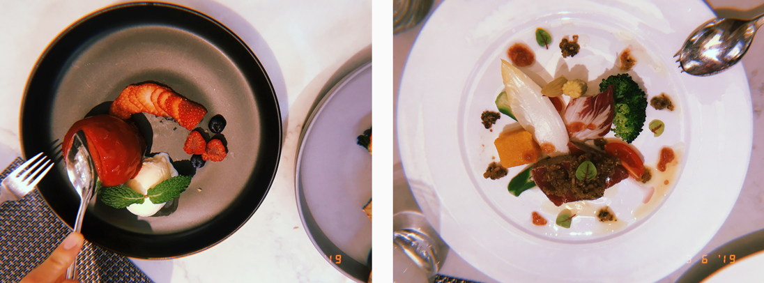 Left: A dessert of Peach Melba with Raspberry Sauce, Fresh Berries and Vanilla Ice Cream. Right: Seared Maguro Salad with Wakayama Dried Plum Sauce