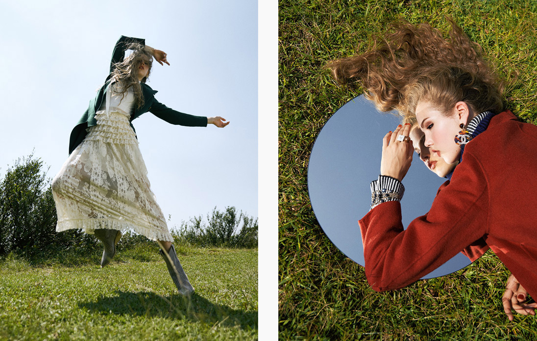 A model moves gracefully in a long Gucci skirt and Max Mara jacket / A model lays on the grass with a circular mirror wearing a red coat from Sandro