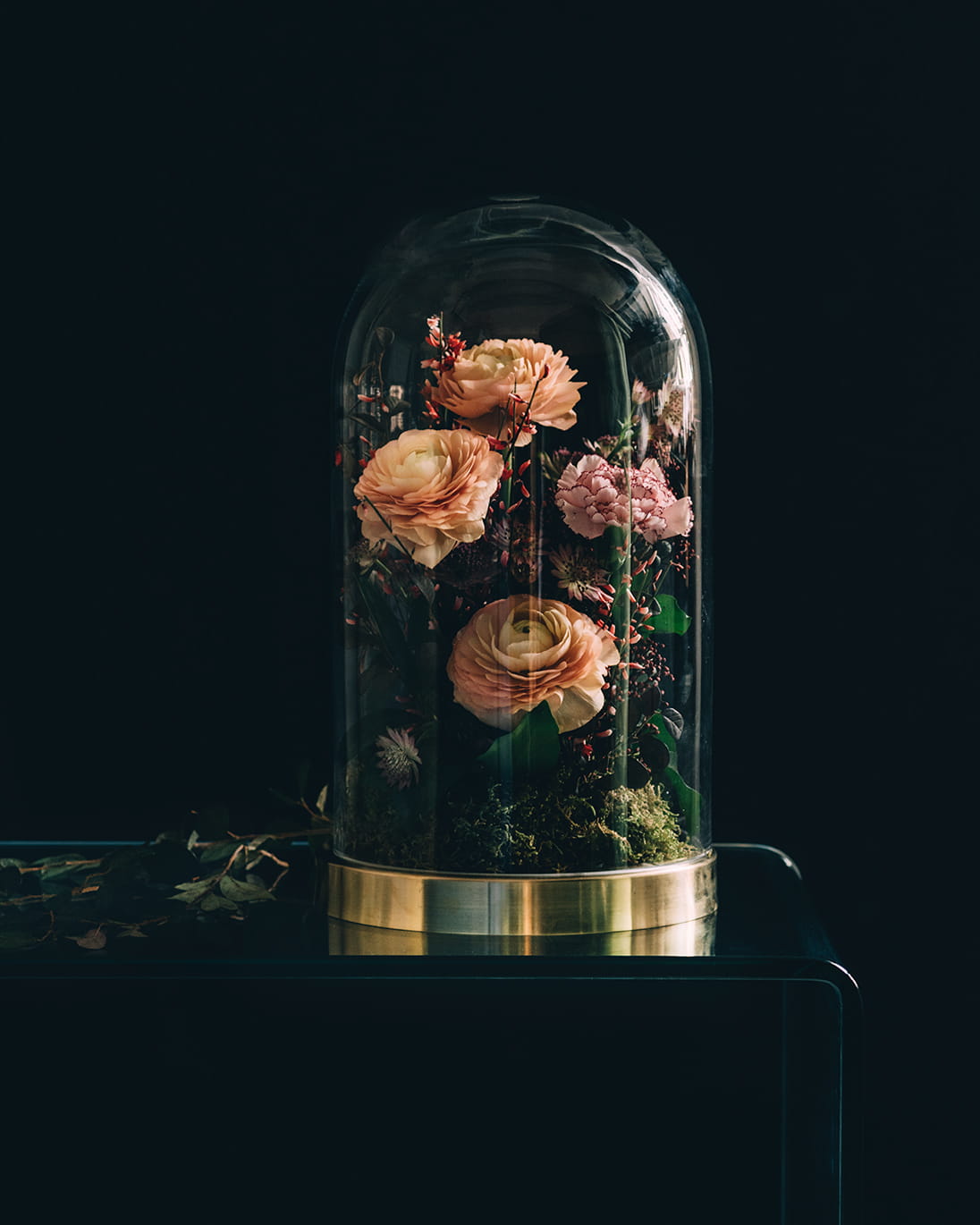 An unexpected arrangement of plump ranunculus and fresh carnations arranged within a gold-rimmed bell jar