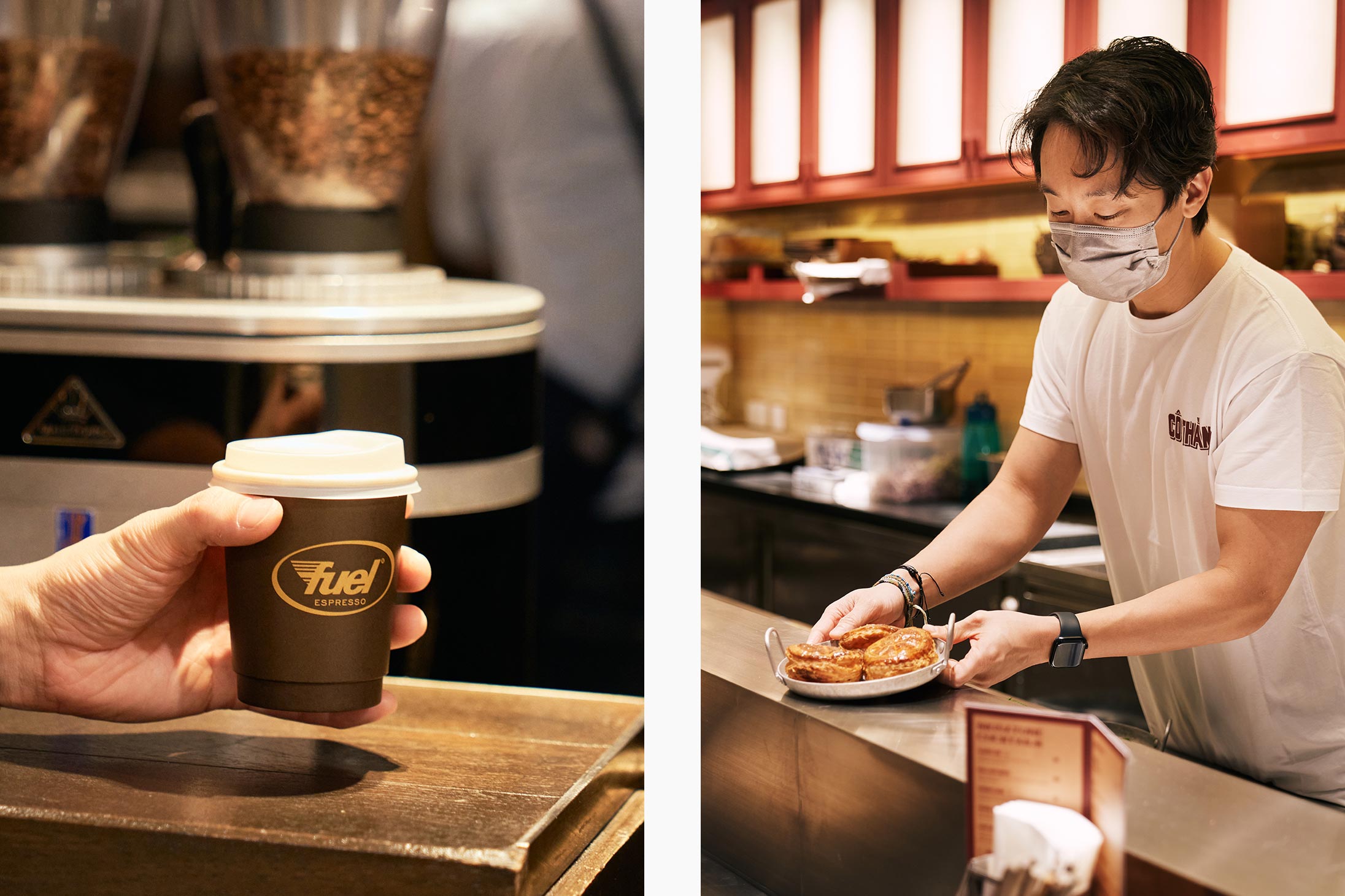 Cô Thành founder Brian Woo with a coffee from Fuel Espresso and working in the Pacific Place store