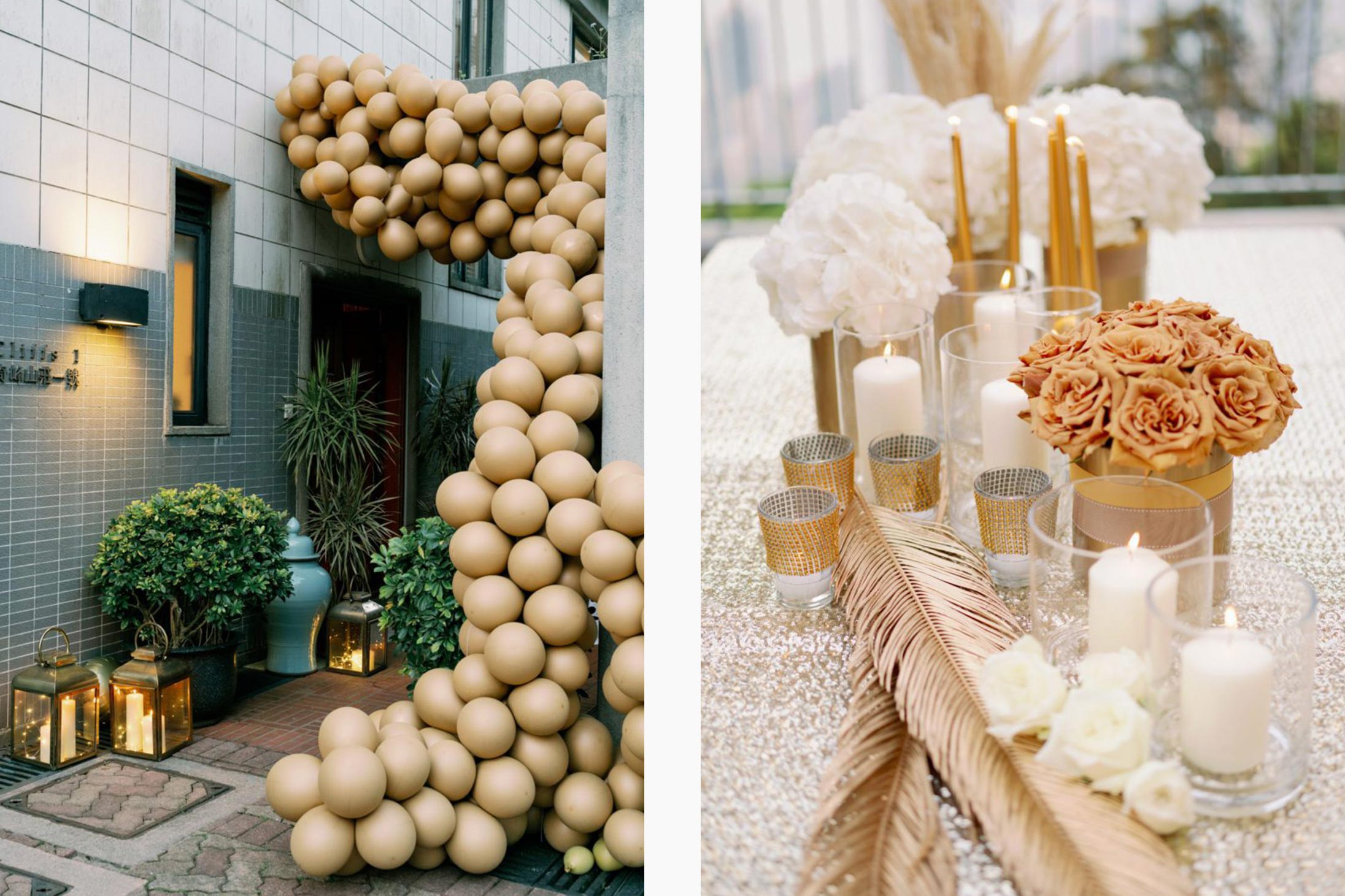 Left: Entrance to a Great Gatsby party. Right: Tablescape details