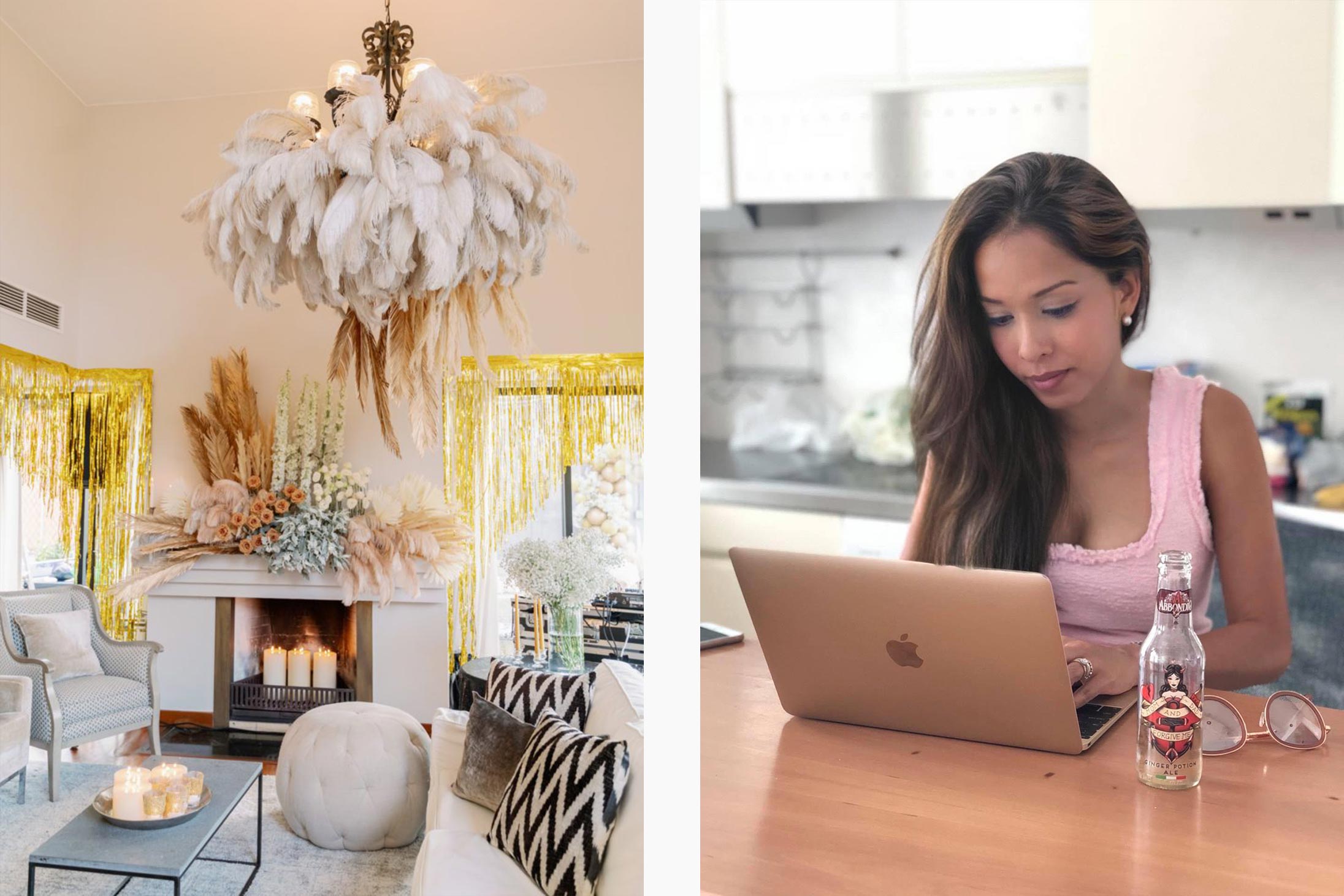 Left: The Great Gatsby party featuring an ostrich feather-clad chandelier. Right: Kim often works from home