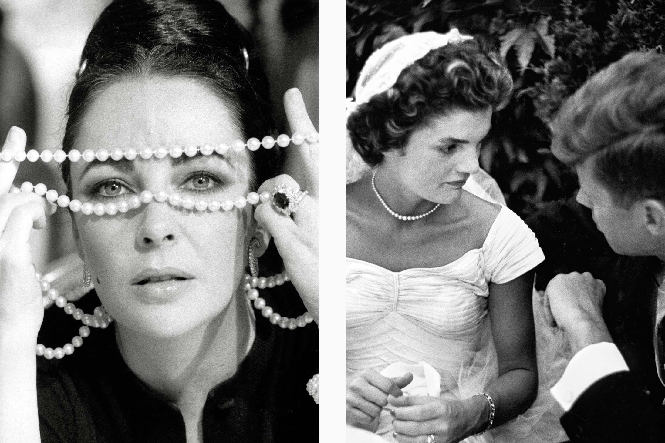 Elizabeth Taylor and Jackie Kennedy wearing pearls