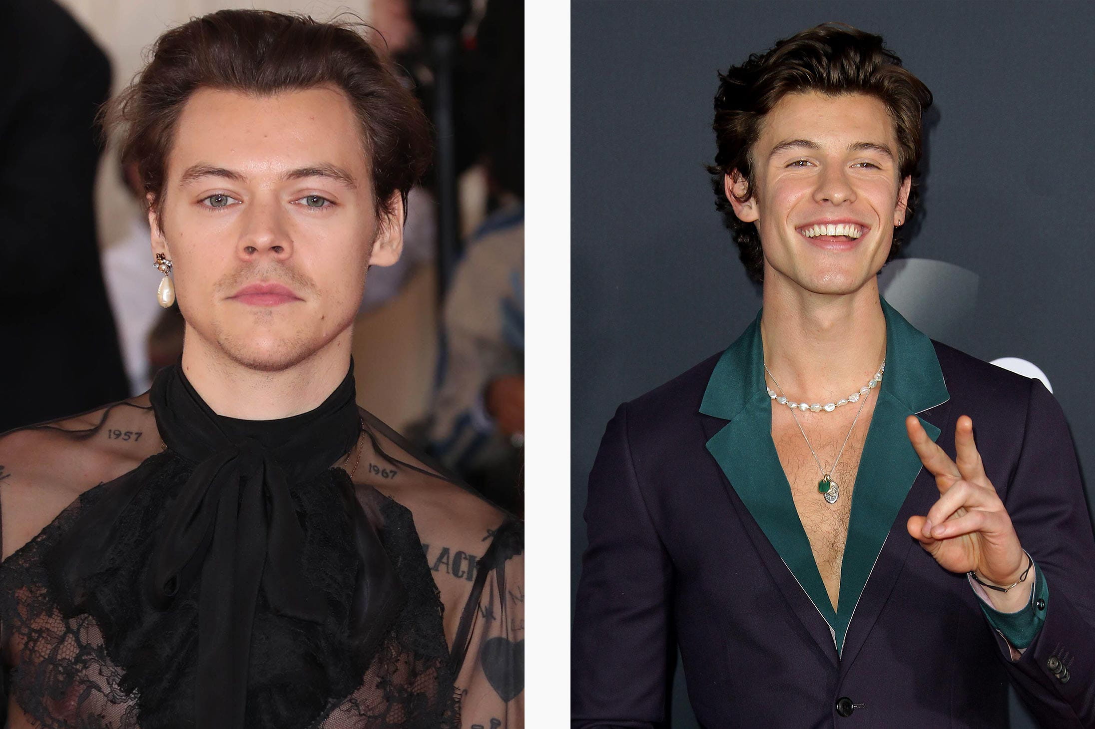Harry Styles and Shawn Mendes wearing pearls