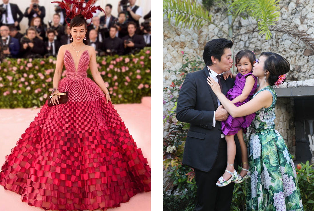 SENREVE co-founder Coral Chung wearing a gown and with her family