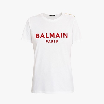 Balmain Paris White Cotton T-shirt with Flocked Red Balmain Logo