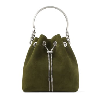 Jimmy Choo Bon Bon Bucket Olive Suede Bag with Silver Metal Handle