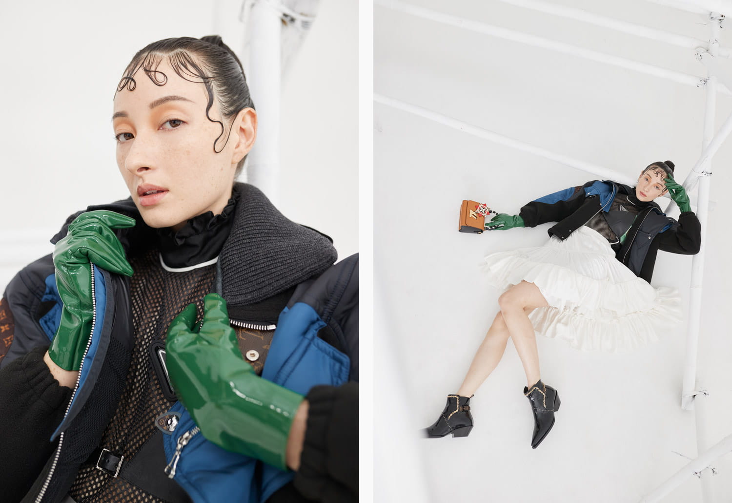 A model poses in Prada, Saint Laurent, Louis Vuitton and Gucci