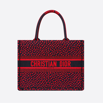 Dior Small Dior Book Tote in Navy Blue and Red Hearts Embroidery 