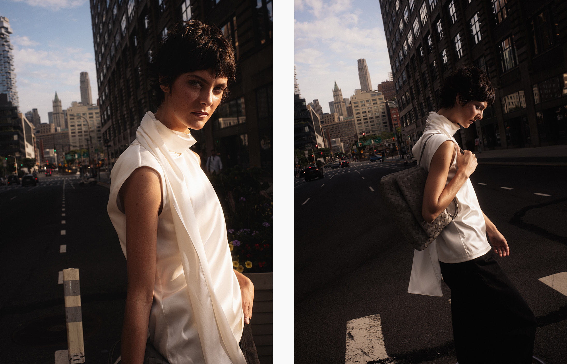 A model poses in Brooklyn wearing Bottega Veneta