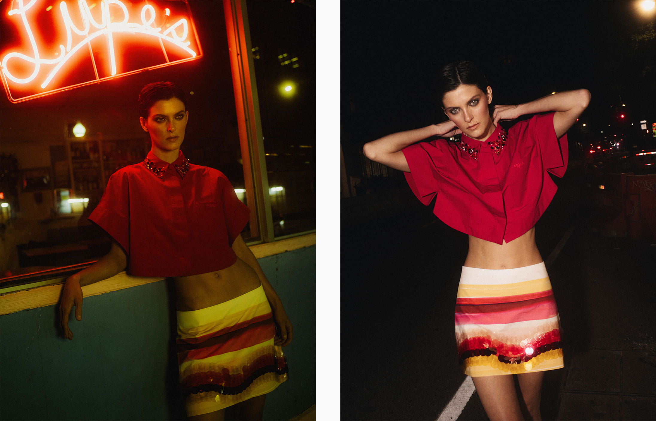 A model poses in Brooklyn wearing Fendi
