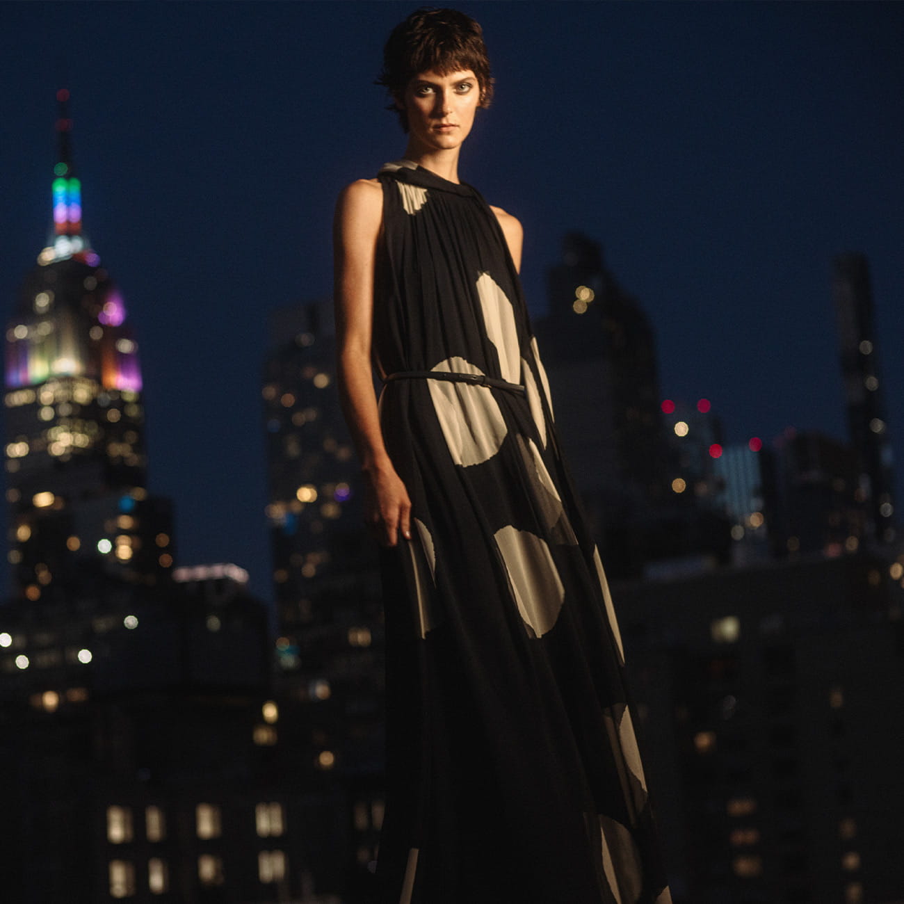 A model poses in Brooklyn wearing Max Mara