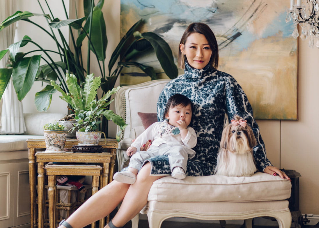 Maison Es Chef Esther Sham with her son Alfred and the family’s Shih Tzu, Xiao Fung