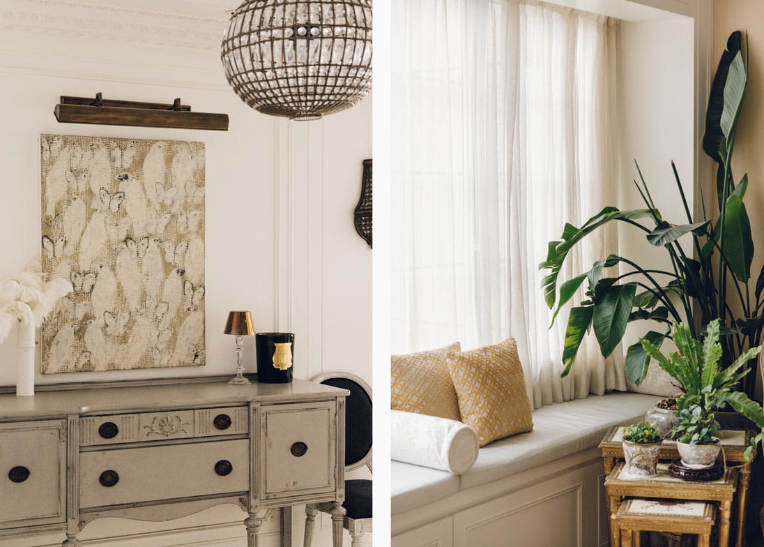 Maison Es chef Esther Sham's foyer, featuring a Hunt Slonem painting above a vintage flea-market console. Esther's living room includes a cosy nook perfect or reading or relaxing in the sun