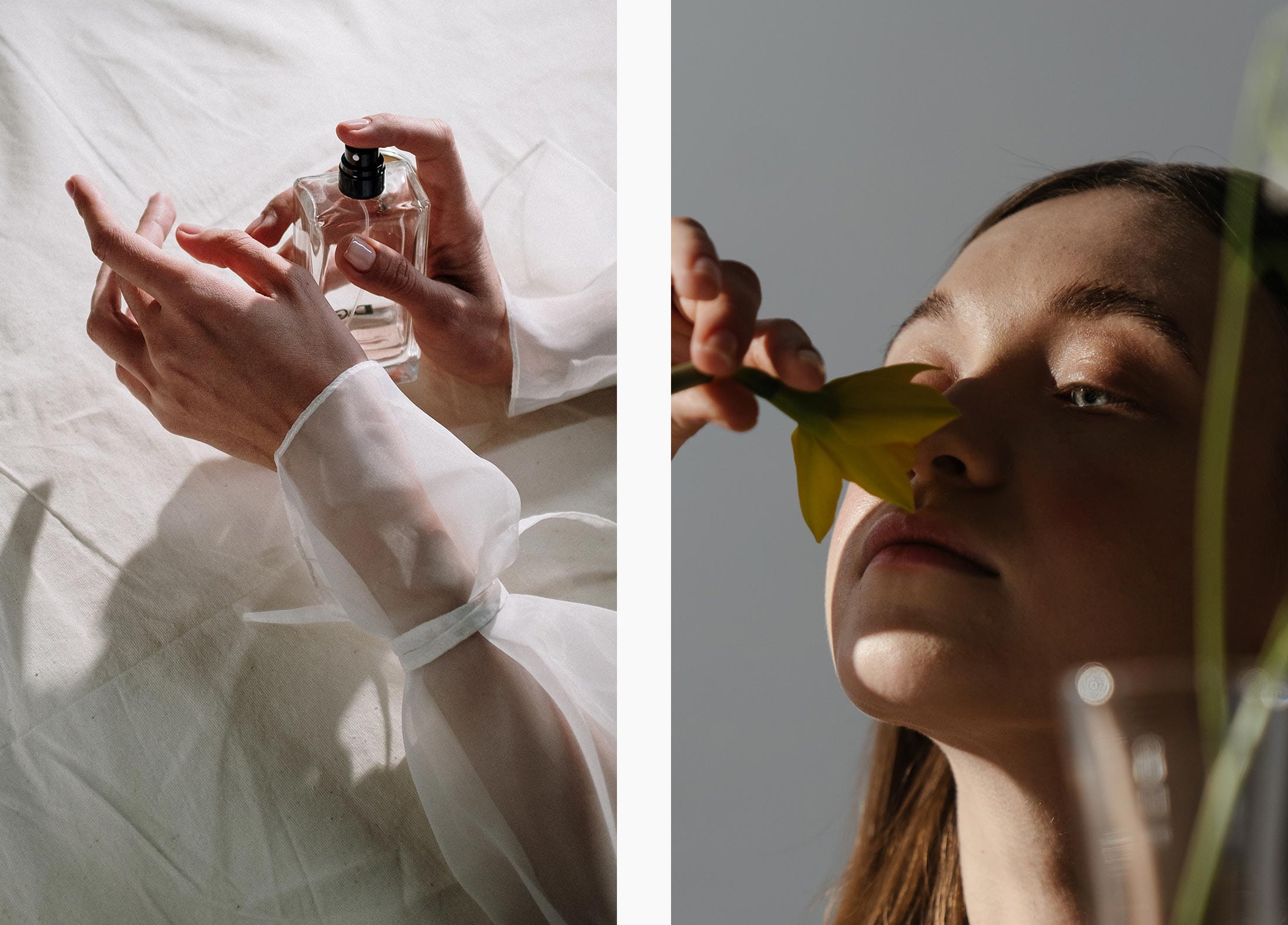A woman applying scent to her wrist and smelling a fragrance