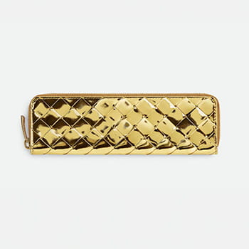 Bottega Veneta Intrecciato Slim Pencil Case in Gold