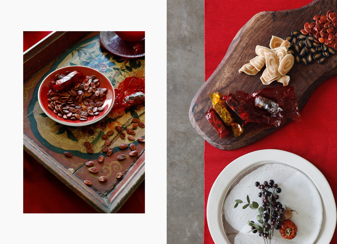 Chinese New Year table styling showing packed dishes
